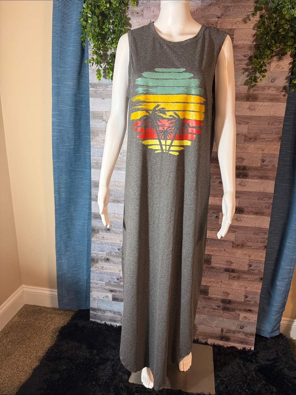 SHEIN Gray Maxi Dress with Mint Yellow Red Sunset Palm Print